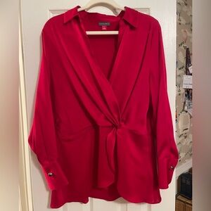 Long sleeve red blouse with collar; wrap and knot effect